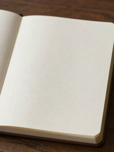 Portrait orientation. Soft, north-facing daylight illuminating a single open notebook on a dark wooden table, blank textured paper, minimalist composition with generous negative space.