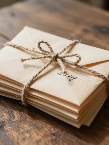 A close-up of a stack of old, handwritten letters tied with a simple cotton string, resting on a rustic wooden table under soft, natural north-facing daylight.