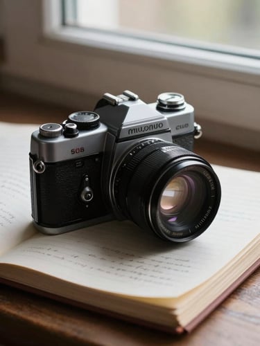 Vue rapprochée d'un appareil photo argentique des années 1980 posé sur des carnets de notes manuscrits, lumière douce du matin par la fenêtre.