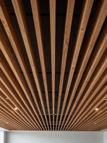 Symmetrical architectural straight-on shot of a corporate boardroom ceiling with perfectly aligned acoustic wood slats, dramatic lighting casting deep shadows.