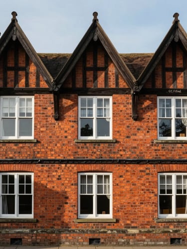 Straight-on eye-level view of a classic red brick Victorian facade in Alderley Edge, detailed timber gables under soft morning daylight.