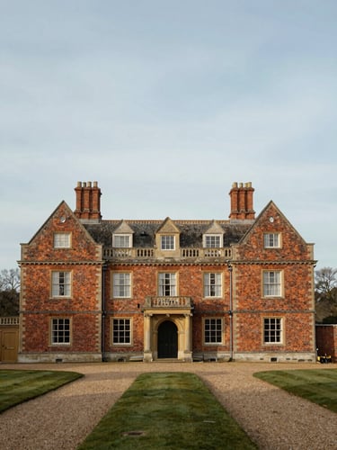 Straight-on architectural elevation of a Georgian brick manor house, soft diffused morning daylight, symmetry, negative space in sky, honest perspective.