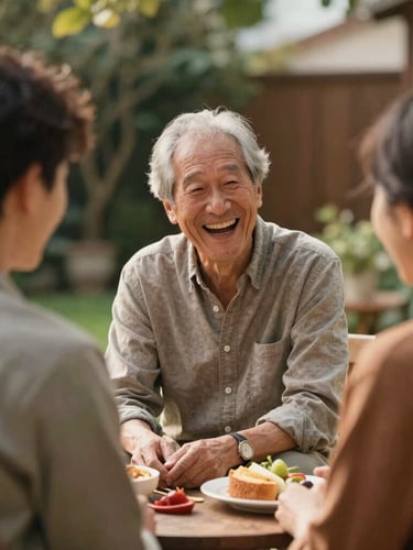 A joyful family reunion in a warm backyard, an older relative laughing with a younger adult, rich organic tones, shallow depth of field.