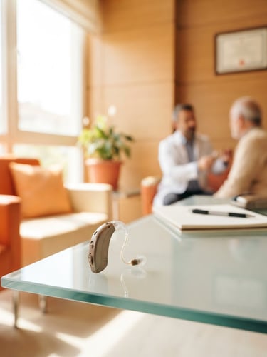 Bright natural window light, a friendly clinical consultation room at Duyer İşitme, warm wood accents, a sleek modern hearing aid resting on a clean glass table in the foreground, soft orange tones, shallow depth of field