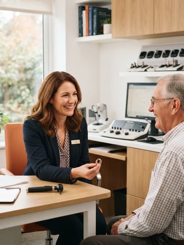 Warm clinical consultation room, a professional female audiologist smiling warmly, soft natural window lighting, high-end modern hearing diagnostic equipment visible in background