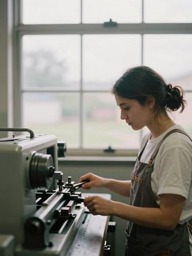 Medium-wide environmental portrait of a young female apprentice operating a precision lathe, natural overcast daylight from a high warehouse window, muted organic tones.