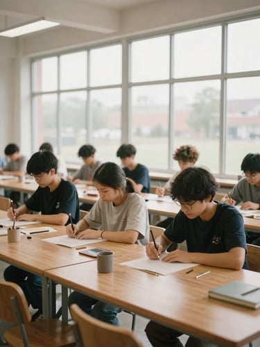 Medium-wide environmental portrait of students in a modern wooden vocational workshop, warm natural light streaming through high windows, focused on hands-on learning.