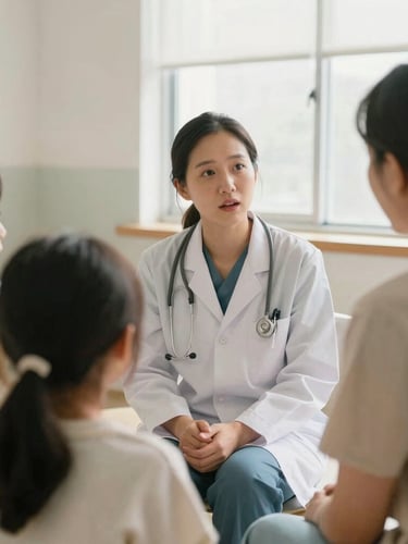 A healthcare worker in a local community clinic, naturally lit by soft overcast daylight, speaking with a family in a warm, authentic setting.