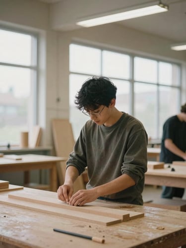 A medium-wide environmental portrait of a student in a modern vocational woodworking shop, natural overcast light through high windows, focused on hands-on learning, muted organic tones.