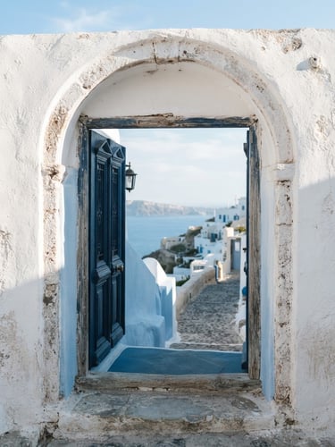 Bright minimalist detail of a whitewashed Greek stone archway, clean blue shadows, Mediterranean morning light, serene atmosphere