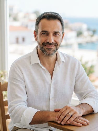Warm professional portrait of a male hypnotherapist, bright editorial photography, natural Mediterranean daylight, clean soft shadows, looking calmly at the camera, wearing a white linen shirt, blurred light blue background.