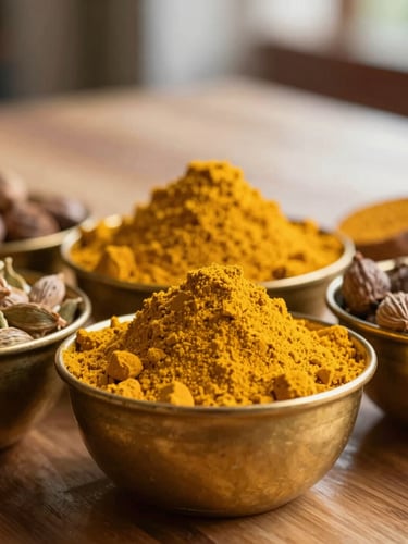 Close-up of vibrant turmeric, cardamom, and cumin piled high in brass bowls on a wooden counter, soft natural light.
