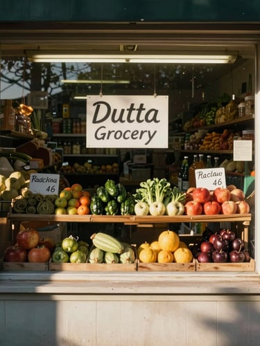 Warm afternoon sunlight streaming through the front window of Dutta Grocery Store, displaying neatly stacked produce and hand-written signs.
