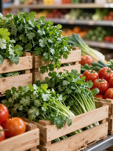 Warm natural daylight spilling over neatly stacked fresh produce in wooden crates, vibrant green cilantro and red tomatoes in focus, soft store background.