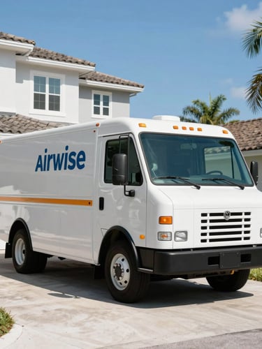 Branded Airwise service truck parked in a sunny Cape Coral driveway, bright high-noon Florida sun casting crisp shadows, clean modern residential home in the background.