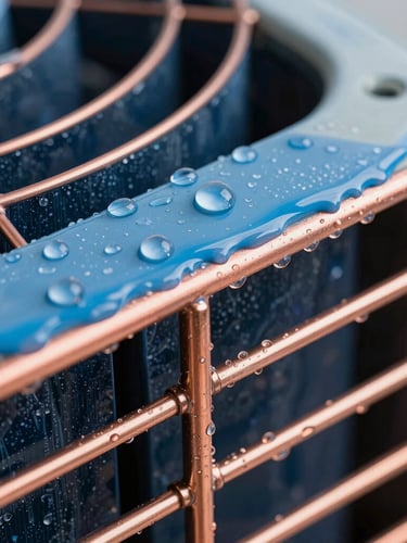 Macro close-up of copper air conditioner coils coated in a specialized protective blue marine-grade barrier, with water droplets condensing perfectly on the clean surface