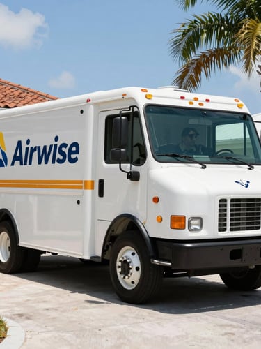 Medium shot of a clean Airwise service truck parked in a sunny Cape Coral driveway, bright high-noon Florida sun casting sharp shadows, professional technician in uniform visible.