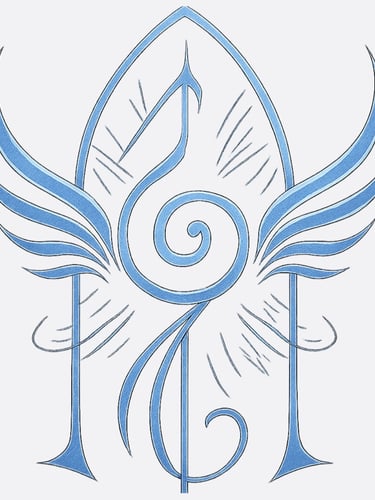 Light blue fantasy sigil with wings and a central spiral swirl logo on a white background.