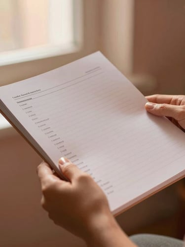 A warm, painterly shot of hands holding a printed workbook, soft-focus natural textures, warm terracotta and blush tones, shallow depth of field