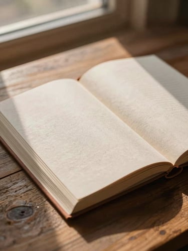 A close-up of a linen-bound workbook lying open on a rustic wooden table, soft golden-hour window light casting warm shadows, 35mm