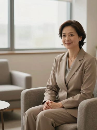 Warm editorial photography of a modern clinical psychology office, soft natural window light, comfortable armchairs, neutral earthy tones, shallow depth of field