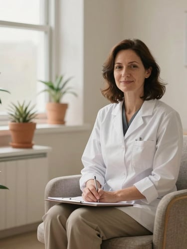 Warm editorial photography of a modern clinical consultation room, soft natural window light, a comfortable fabric armchair, olive green plants in terracotta pots, shallow depth of field, serene and quiet atmosphere