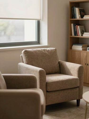 Warm editorial photography of a quiet clinical consulting room, comfortable fabric armchairs, soft window light, shelves with books, peaceful and safe atmosphere