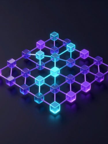 Sleek 3D render of a glowing network node map, neon violet and cyan accents, dark ambient background, isometric angle
