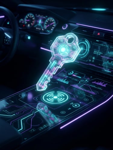 Sleek 3D render of a glowing digital key floating over a dark glass dashboard, neon cyan highlights, high-tech security concept