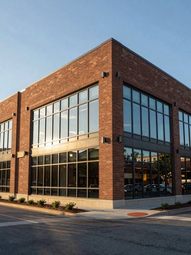 Wide-angle architectural perspective of a clean, modern brick and glass commercial exterior in Columbia SC during morning golden hour, sharp lines, blue sky