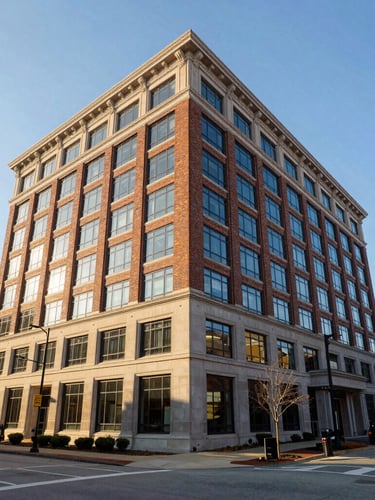 Wide-angle architectural perspective of a classic brick and glass commercial office building in downtown Columbia, SC, captured in crisp morning light with long shadows and clear sky.