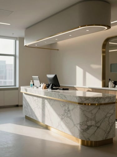 Modern empty medical clinic interior with soft natural daylight, marble counter, brass details, architectural lines, quiet luxury ambience