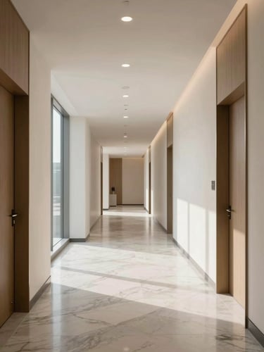 Wide architectural shot of a modern, empty luxury medical clinic hallway, soft natural daylight, minimalist design with marble floor.