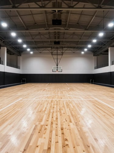 Sharp architectural sports photography of a premium maple indoor basketball court, straight-on view of interlocking wooden joints, bright stadium floodlights, high-contrast industrial tones.