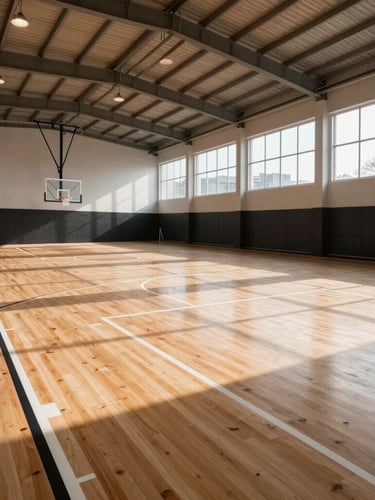 Sharp architectural sports photography of a freshly completed indoor wooden basketball court, bright crisp daylight, high-contrast lines, wide-angle lens