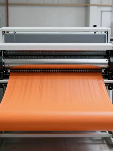 A clean, straight-on architectural shot of a modern sublimation printing machine in operation, bright daylight, safety orange fabric feeding through high-contrast steel rollers.