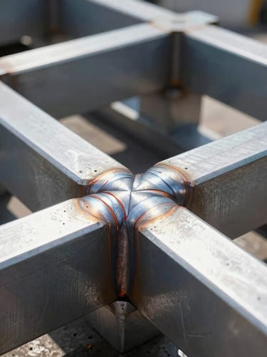Macro detail shot of high-strength steel equipment welds, industrial machinery in operation, bright crisp daylight, sharp architectural lines