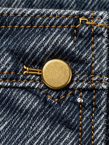 Macro close-up of premium denim stitching and gold hardware, high-contrast studio lighting, sharp details