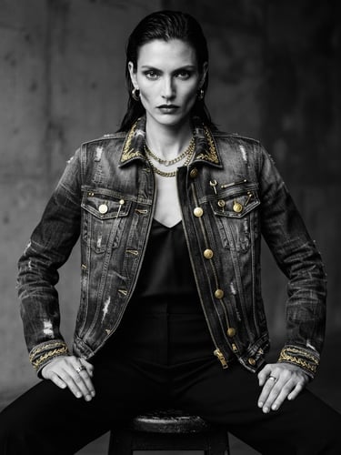Premium editorial fashion photography of a model in custom-wash denim jacket, crisp studio lighting, high-contrast monochrome with gold accents, sharp details, 35mm