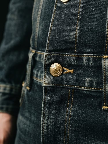 Premium editorial fashion photography, crisp studio lighting, high-contrast monochrome with gold accents, close-up of custom-wash denim stitching and gold hardware details, 35mm