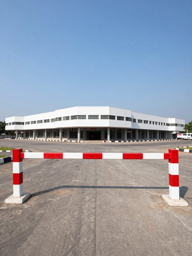 Bright architectural wide-angle photo of an open commercial land plot in Kolkata, clear blue sky, red and white boundary markers, sharp focus