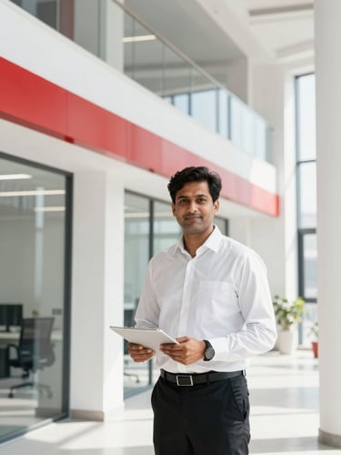 A professional Indian real estate agent in a crisp white shirt presenting a modern, well-lit commercial office space to corporate clients, bright daylight, professional atmosphere