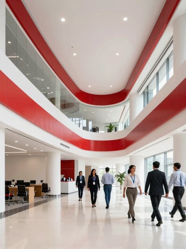 Bright architectural photography of a commercial office interior in Kolkata, professional agents walking the floor, natural daylight, 24mm wide-angle lens