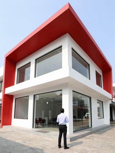 A professional RentLoh agent inspecting a bright, modern commercial office space in Kolkata, wide-angle architectural photography, high-contrast red and white accents.
