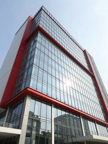 Wide-angle architectural photograph of a modern glass corporate building in Kolkata, bright natural daylight, high-contrast red accents on facade, sharp focus