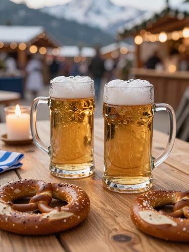 Close-up of rustic wooden table setting, two foaming glass beer mugs clinking together, fresh warm pretzels nearby, soft golden candle light, warm alpine festival atmosphere
