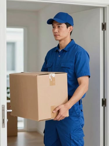 Side portrait of a uniformed moving specialist carrying a double-walled cardboard carton through a modern apartment doorway, sharp focus, natural light.