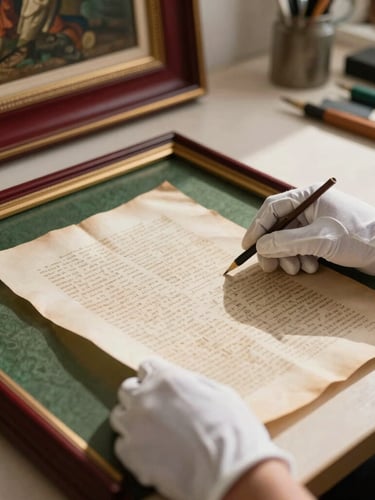 Close-up of hands in white gloves examining a historical document and a painting frame in a sunlit restoration studio, soft shadows, warm tones.