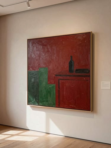 Warm editorial photography of a refined private gallery space with natural light, a large curated canvas on a textured plaster wall, deep crimson accent tones, 35mm lens.