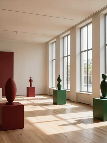 Wide panoramic editorial photograph of a modern art gallery with high ceilings, warm natural light streaming from tall windows to the right, minimalist sculptures on pedestals, deep crimson and forest green accents, captured with a 35mm lens.